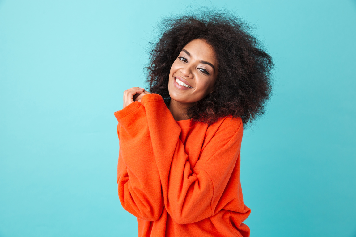 Colorful Portrait of African American Woman in Red Shirt with Af